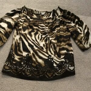 Silk black, gold, cream long top by Cache